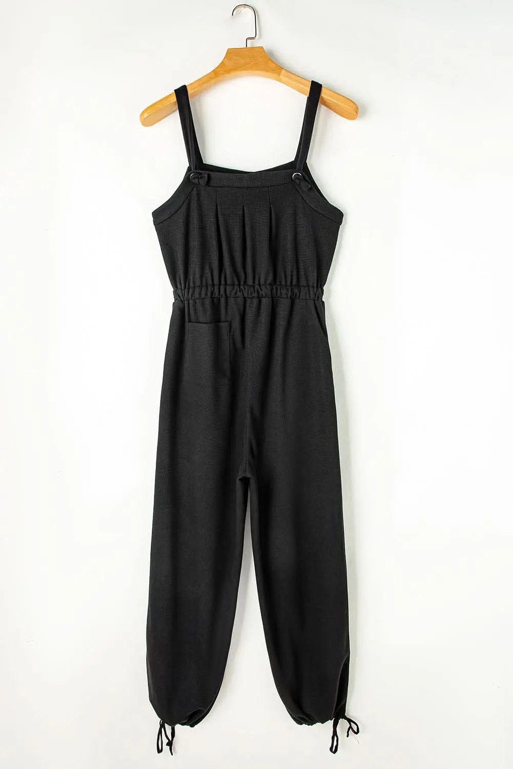 Black Knotted Straps Button Textured Drawstring Jumpsuit - Love Salve